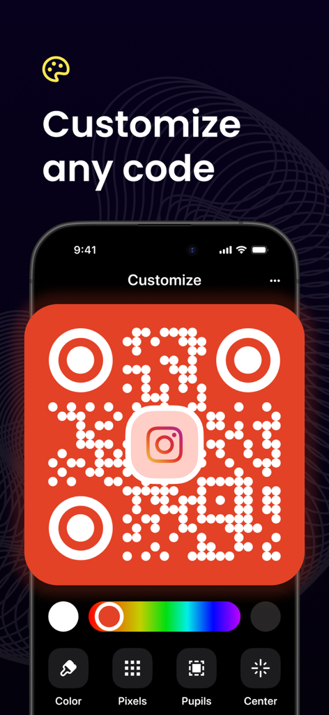 QR Code Reader · Barcode Maker - Ein Smartphone-Bildschirm, der die Anpassung eines roten QR-Codes mit einem Instagram-Logo zeigt