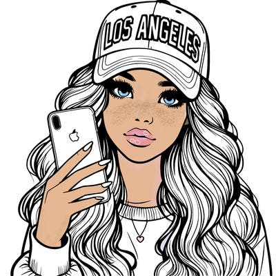 realistic beautiful girl wearing los ángeles cap holding an iphone