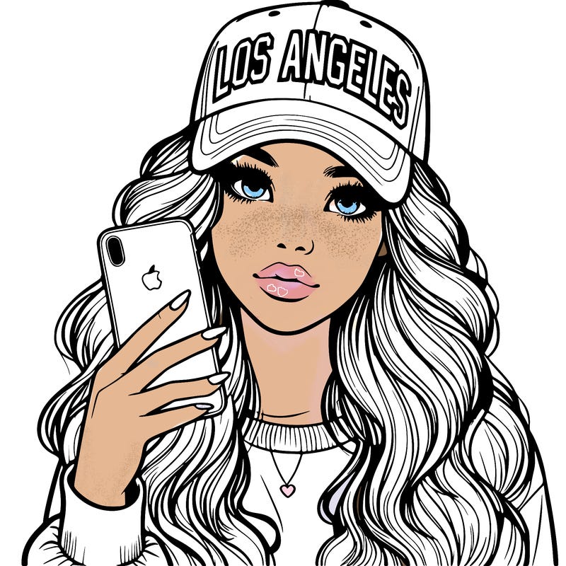 realistic beautiful girl wearing los ángeles cap holding an iphone