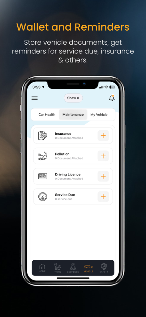 Carot - Upgrade to a Smart Car - Carot app interface showing vehicle maintenance wallet for storing insurance and service documents