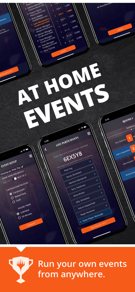 Magic: The Gathering Companion - Screenshots of the MTG Companion app showing the event setup and participant lists for running home tournaments.