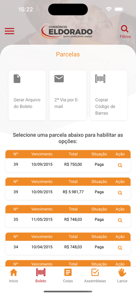 Interface of the Consórcio Eldorado app showing installment history and options to generate payment slips