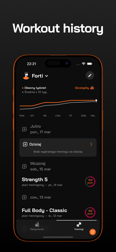 FitMate.co - FitMate mobile app screen showing workout history with a progress graph and a list of completed exercises