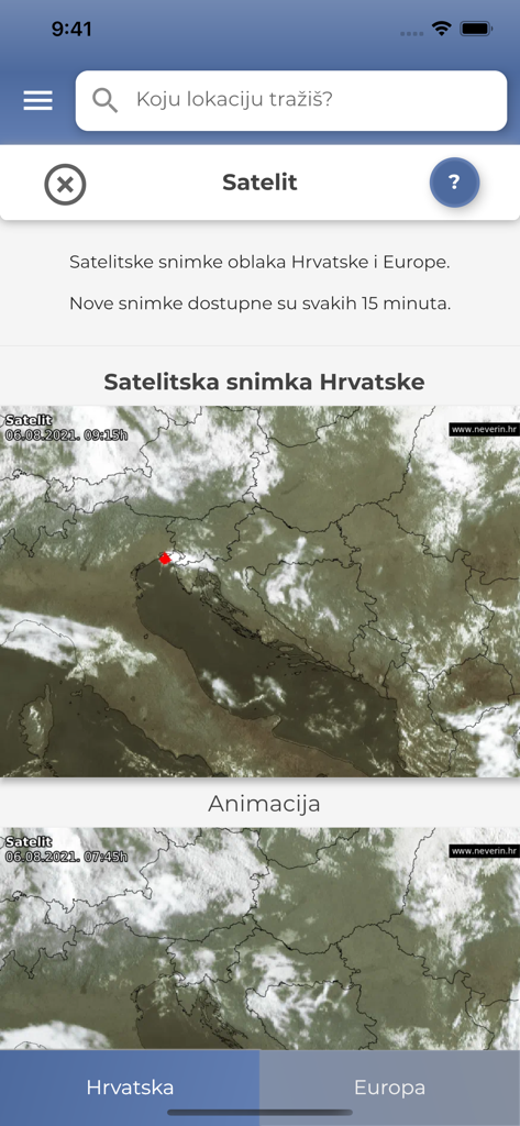 Neverin - Neverin weather app showing real time satellite cloud cover imagery over Croatia and Europe