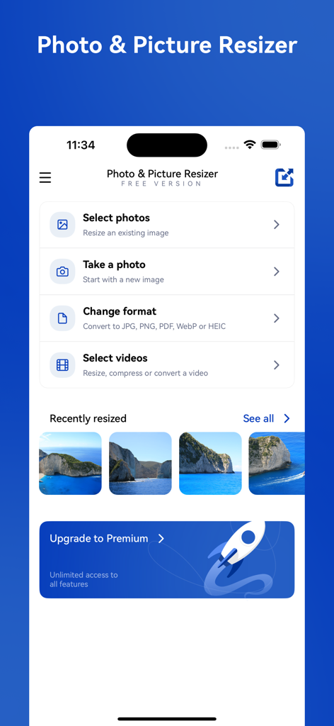 Photo and Picture Resizerアプリのホーム画面。写真の選択、フォーマットの変更、最近リサイズした画像などの機能が表示されています。