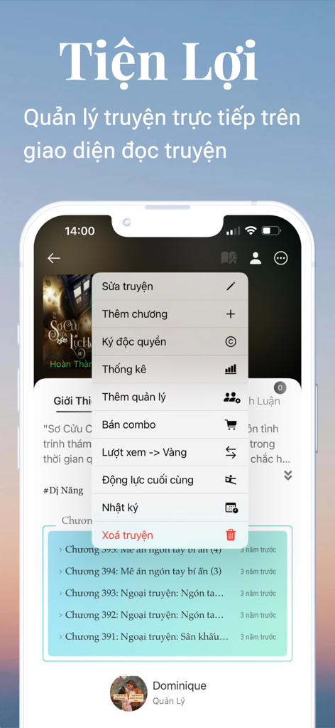 TruyenHD - Đọc Truyện Full - TruyenHD app interface showing management tools for story authors and creators