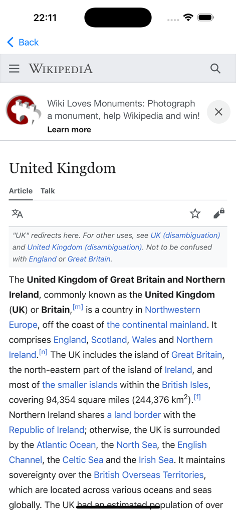 Earth 3D Globe - World Map - Article Wikipédia pour le Royaume-Uni dans l'application Globe Terrestre 3D