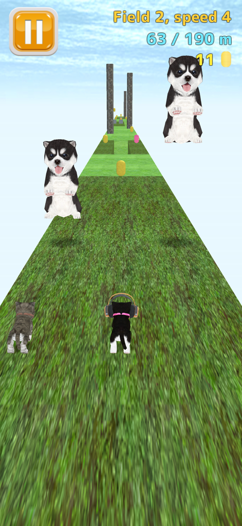 Cat Run - kitten running game - Dos gatitos corriendo en una pista de hierba esquivando obstáculos de perros en el juego móvil Cat Run