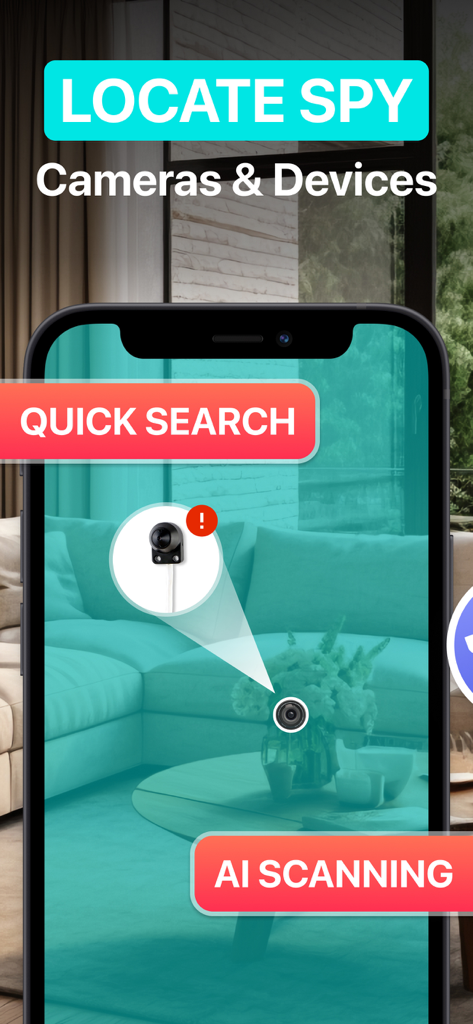 Hidden Camera Spy Detector Hid - Smartphone app detecting a hidden camera in a living room using AI scanning