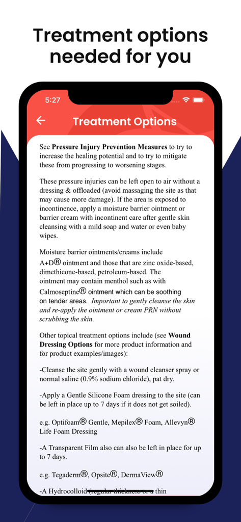 Wound Care Pro - Wound Care Proモバイルアプリのインターフェース。褥瘡の詳細な臨床治療オプションとドレッシングガイドラインが表示されています。