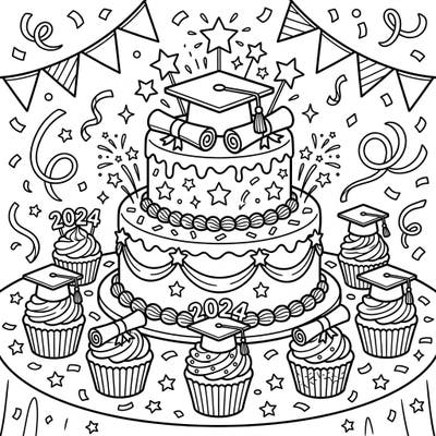 Mark a special milestone with this delightful coloring page featuring a grand birthday cake and cupcakes adorned with graduation regalia. It's the perfect way to celebrate academic achievement and a birthday all in one festive scene.