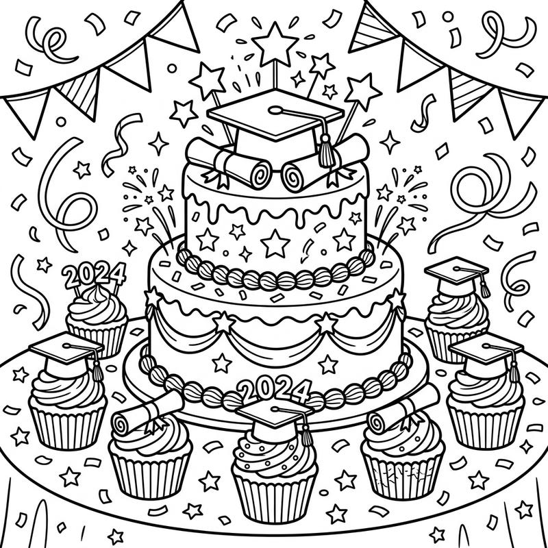 Mark a special milestone with this delightful coloring page featuring a grand birthday cake and cupcakes adorned with graduation regalia. It's the perfect way to celebrate academic achievement and a birthday all in one festive scene.