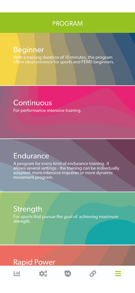 ntX Origin - A list of EMS workout programs in the ntX Origin app including Beginner and Strength modes