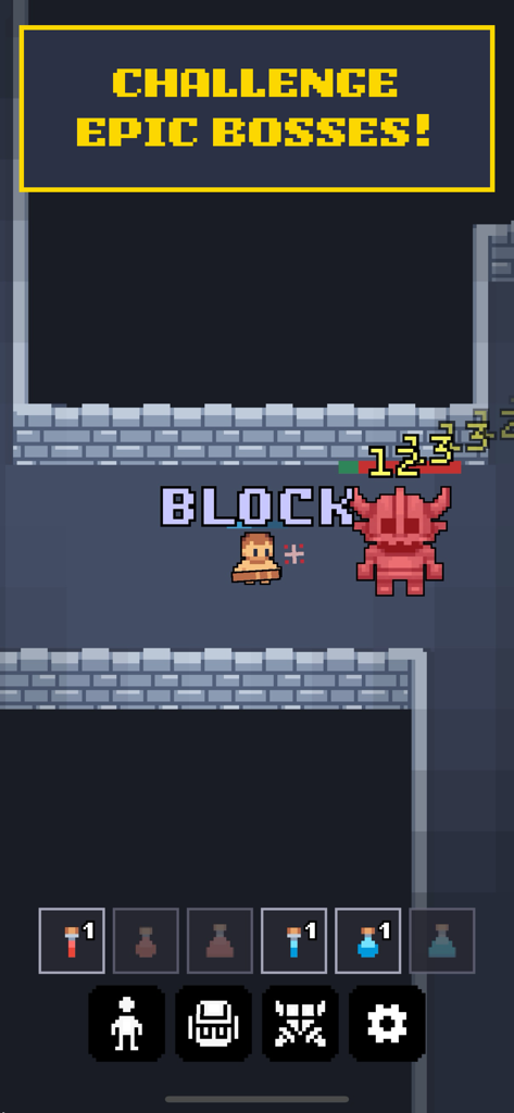 Pixel art gameplay of Rogue Realm showing a hero character battling a red demon boss in a dungeon