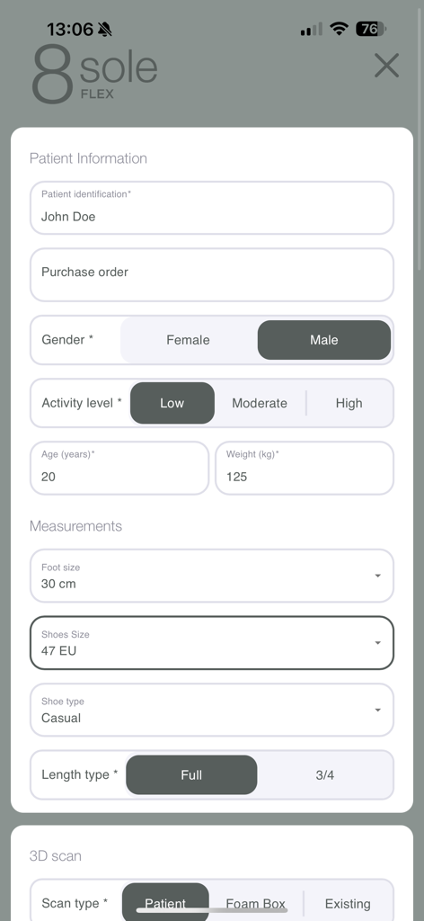 8sole Flex app interface showing patient information and foot measurement fields