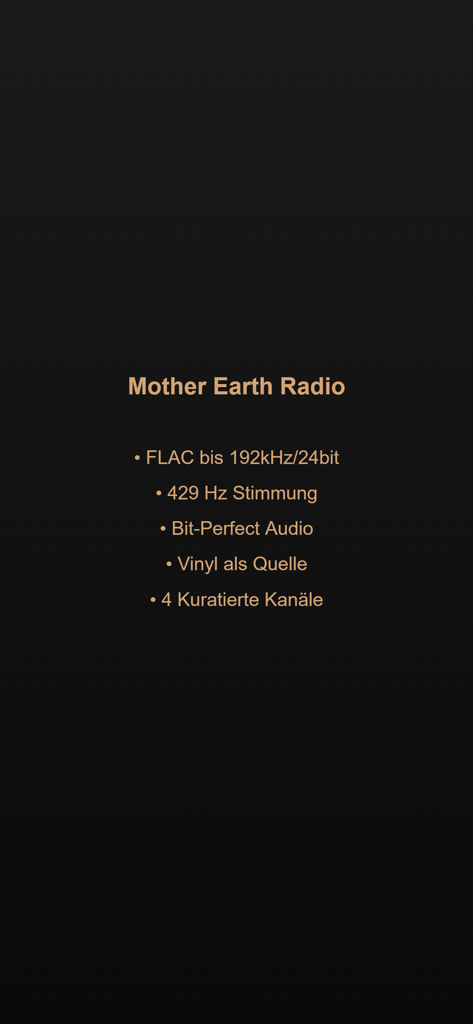 Mother Earth Radio - Mother Earth Radio app screen showing audiophile technical specifications including 192kHz FLAC bit-perfect audio and vinyl sources