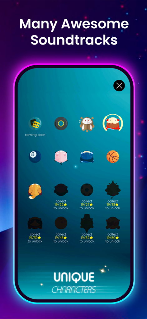 Music Tiles Ball - Piano Game - Character selection screen showing various unlockable ball skins in the Music Tiles Ball piano game.