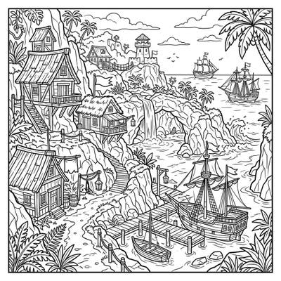 Unleash your inner buccaneer with this detailed coloring page of a vibrant pirate haven. Discover secret coves, hidden houses, and mighty ships awaiting your creative touch in this island paradise.