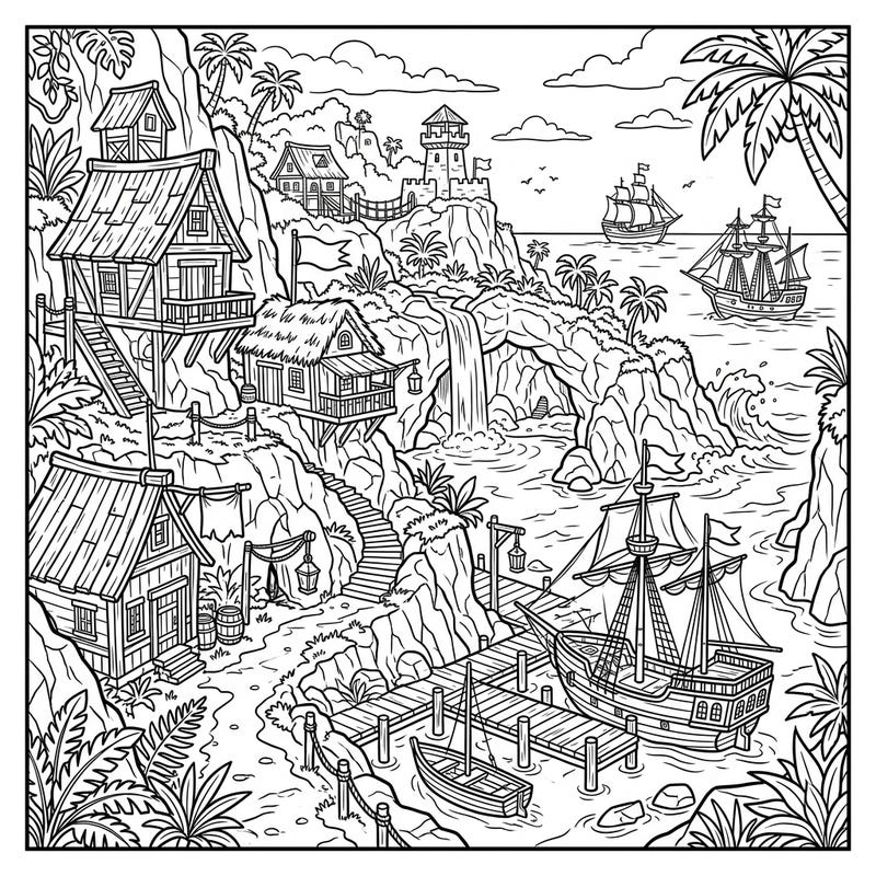 Unleash your inner buccaneer with this detailed coloring page of a vibrant pirate haven. Discover secret coves, hidden houses, and mighty ships awaiting your creative touch in this island paradise.