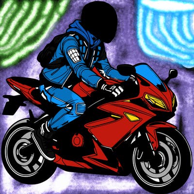 realistic biker boy with biker helmet on sports bike