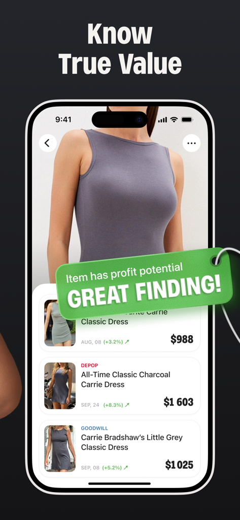 The Thrift AI－Profit Αρρ - Interface of the Thrift AI app showing the resale value and profit potential for a scanned dress with marketplace comparisons.