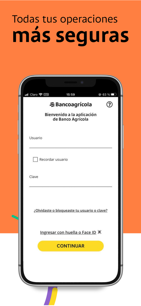 Bancoagrícola - Tela de login do aplicativo móvel Bancoagrícola para transações bancárias seguras