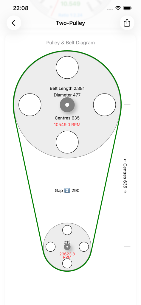 Pulley and Belt Calculator - Interactive diagram of a two pulley belt drive system showing mechanical calculations like RPM and belt length
