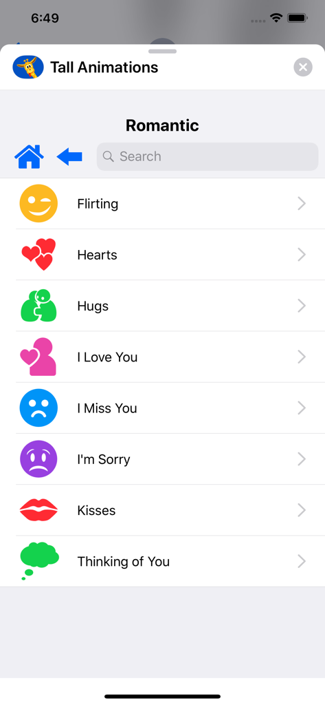 CLIPish Tall Animations - Menú de categorías de mensajes románticos en la aplicación CLIPish Tall Animations, incluyendo corazones coquetos y abrazos.
