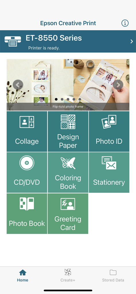 Epson Creative Print - Menú principal de la aplicación Epson Creative Print mostrando iconos para proyectos de diseño de collages, papel de diseño y libros para colorear