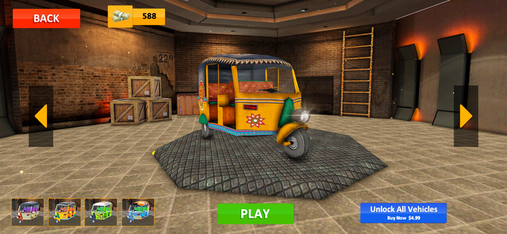A colorful yellow auto rickshaw in the garage customization menu of the Tuk Tuk driving game.
