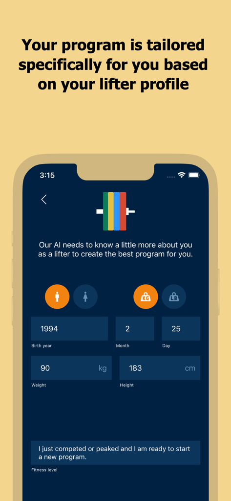 Setup screen in Weightlifting.ai app where users enter their birth date, weight, and height to create a personalized training program.