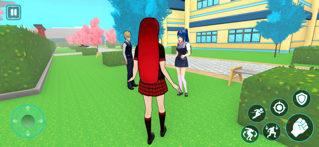 Anime characters talking in a school courtyard with cherry blossom trees in the background