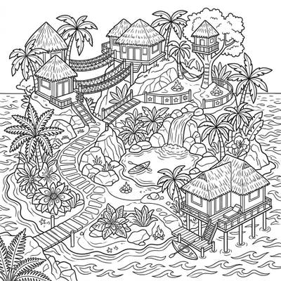 Dive into a world of tropical adventure with this intricate private island coloring page, perfect for teens. Discover luxurious bungalows, cascading waterfalls, and serene beaches, waiting for your creative touch.