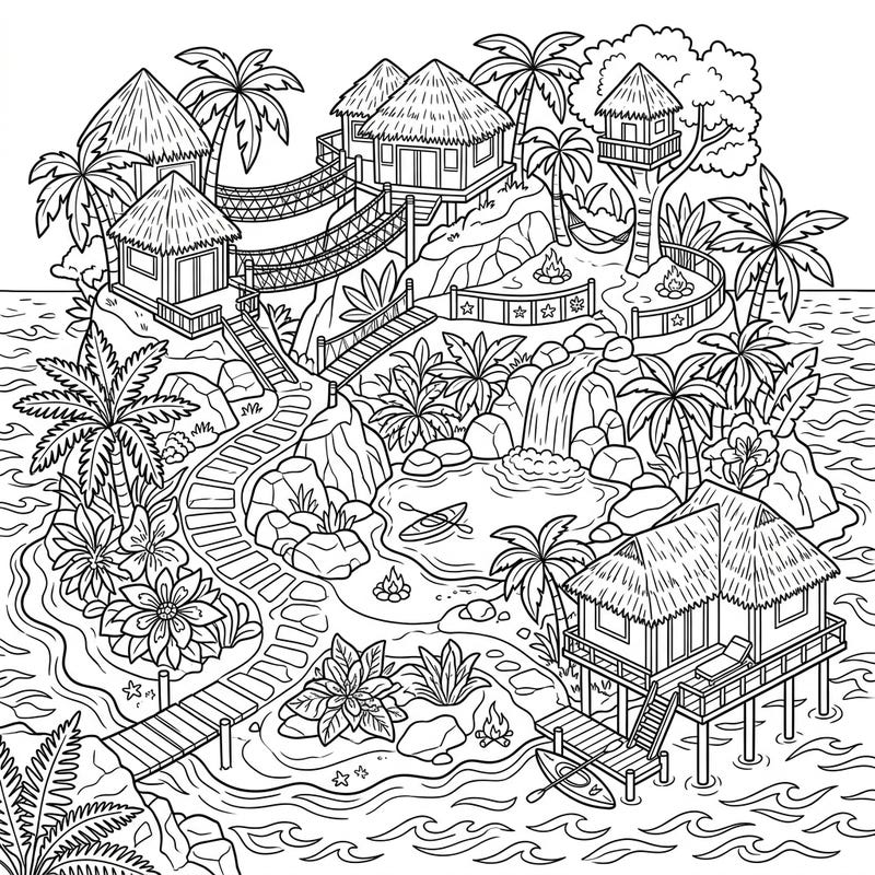 Dive into a world of tropical adventure with this intricate private island coloring page, perfect for teens. Discover luxurious bungalows, cascading waterfalls, and serene beaches, waiting for your creative touch.