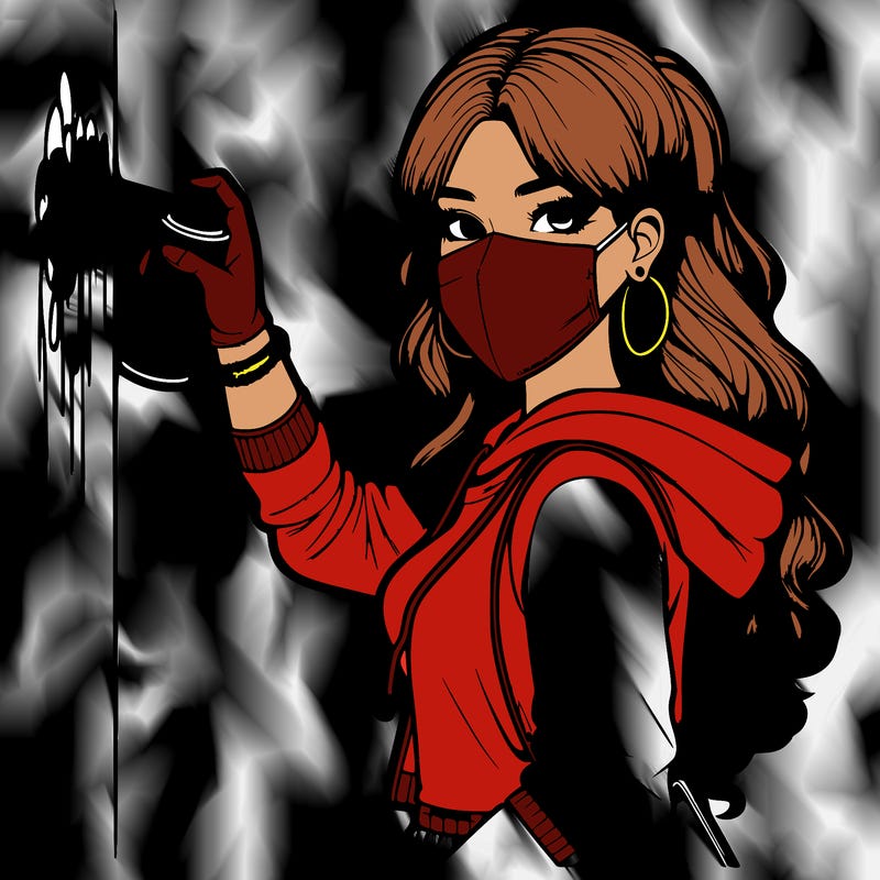 realistic girl with mask spray painting a wall