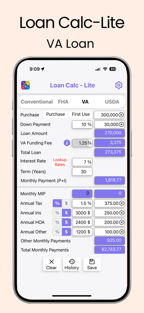 Loan Calc-Lite - Captura de pantalla de la aplicación Loan Calc-Lite que muestra un cálculo de préstamo VA con pagos mensuales y desglose de tarifas.