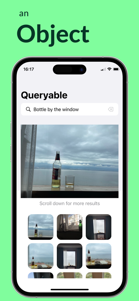 창가에 있는 병에 대한 검색 결과를 보여주는 Queryable 앱 인터페이스