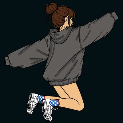 realistic girl jumping with a bun and oversized sweatshirt