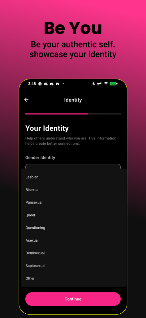 LezFindr: Lesbian Dating App - LezFindr 앱에서 성적 지향 및 성별 정체성을 선택하는 화면