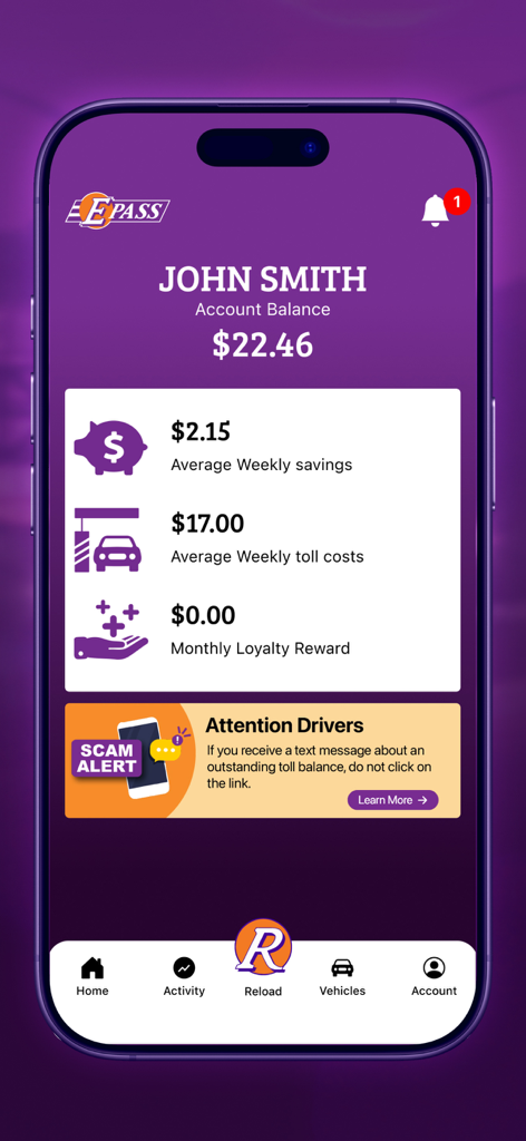 E-PASS Toll App home screen showing account balance and weekly savings summary