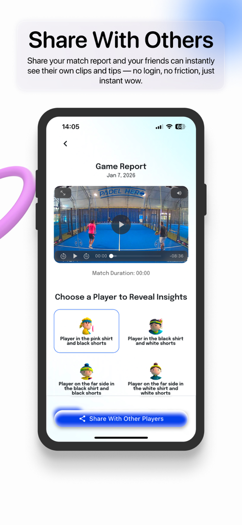 Padlo app game report screen showing video analysis and player insights sharing options