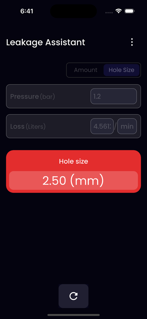 Leakage Assistant app interface calculating a two point five millimeter hole size based on water pressure and loss