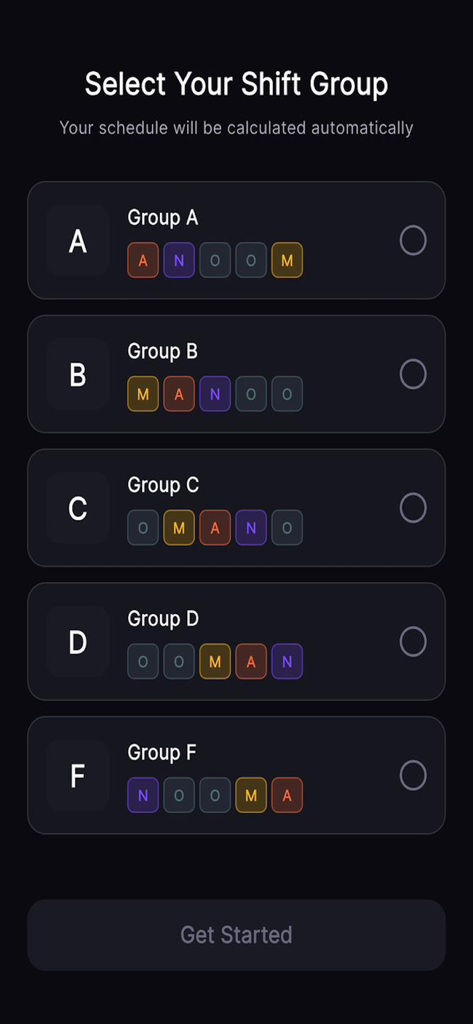 Shiftmaster Pro - Select your shift group screen in the Shiftmaster Pro app