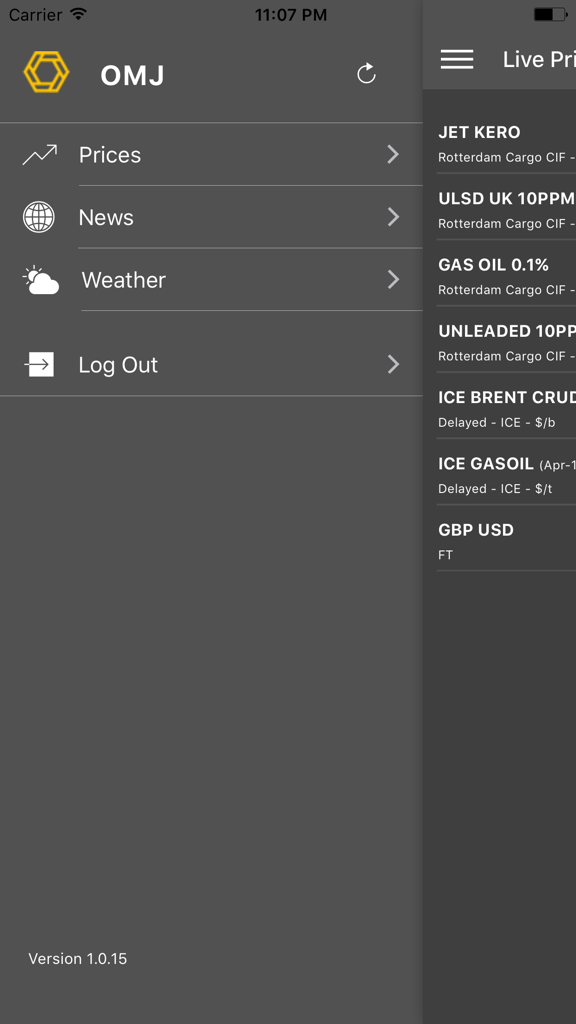 OMJ app side menu showing options for prices news and weather