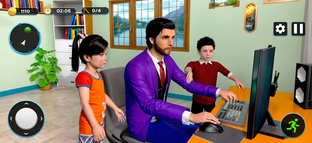 Single Dad Games Happy Family - A virtual single dad in a purple suit working on a computer with his children watching in a family simulation game