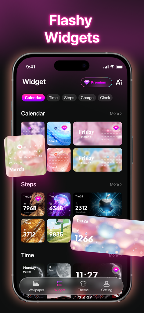 AuraAI: Themes & Wallpapers - Captura de tela do aplicativo AuraAI mostrando uma variedade de widgets estéticos para personalização de calendário, passos e hora no iPhone.