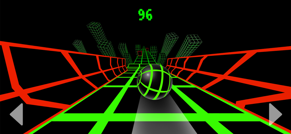 A 3D neon green and black ball rolling down a grid slope with red obstacles and a high score indicator