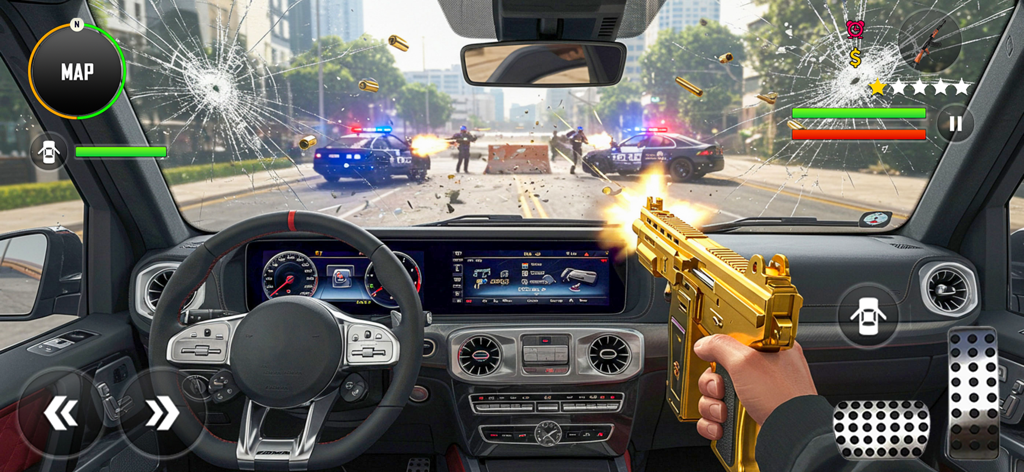 First person view of a car shootout with a golden gun and police chase