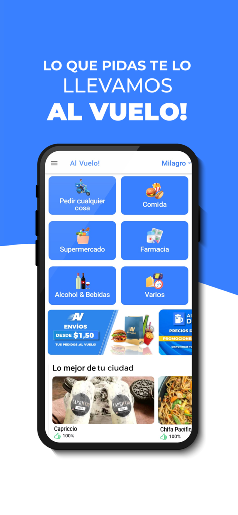 Al Vuelo! - Pide a domicilio - Main screen of Al Vuelo delivery app showing categories for food supermarket and pharmacy services