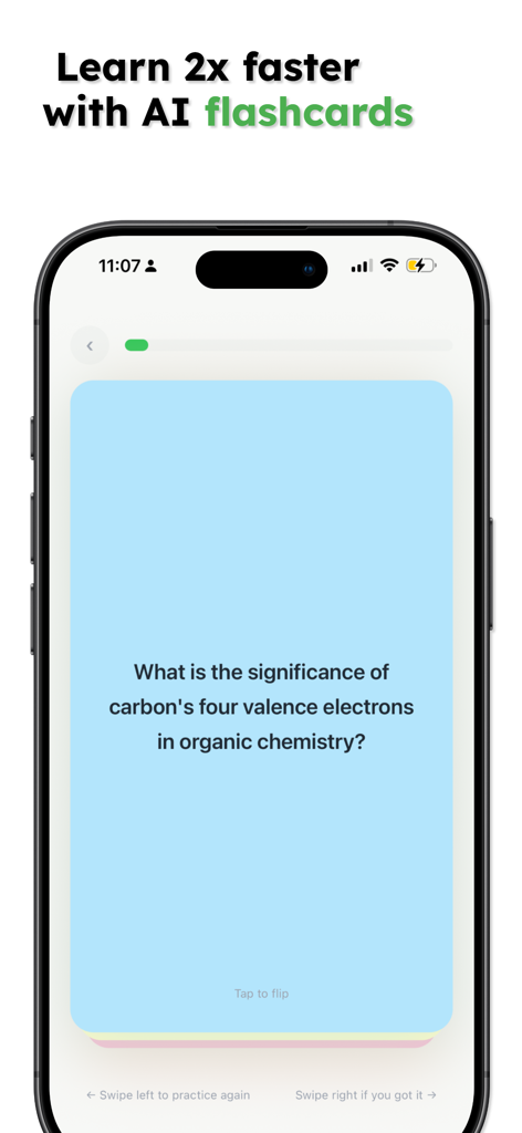 Memorize - Study Smarter - Um smartphone mostrando um flashcard de estudo sobre química orgânica na interface do aplicativo Memorize.